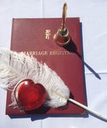 marriage register, pen and wedding rings for elopement